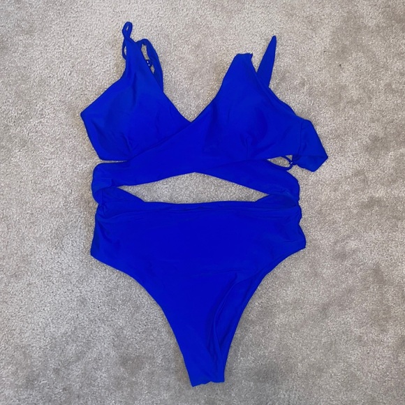 Sapphire Blue Cross Cross High Waist Cut Out One Piece Monokini Swimsuit - Picture 1 of 4